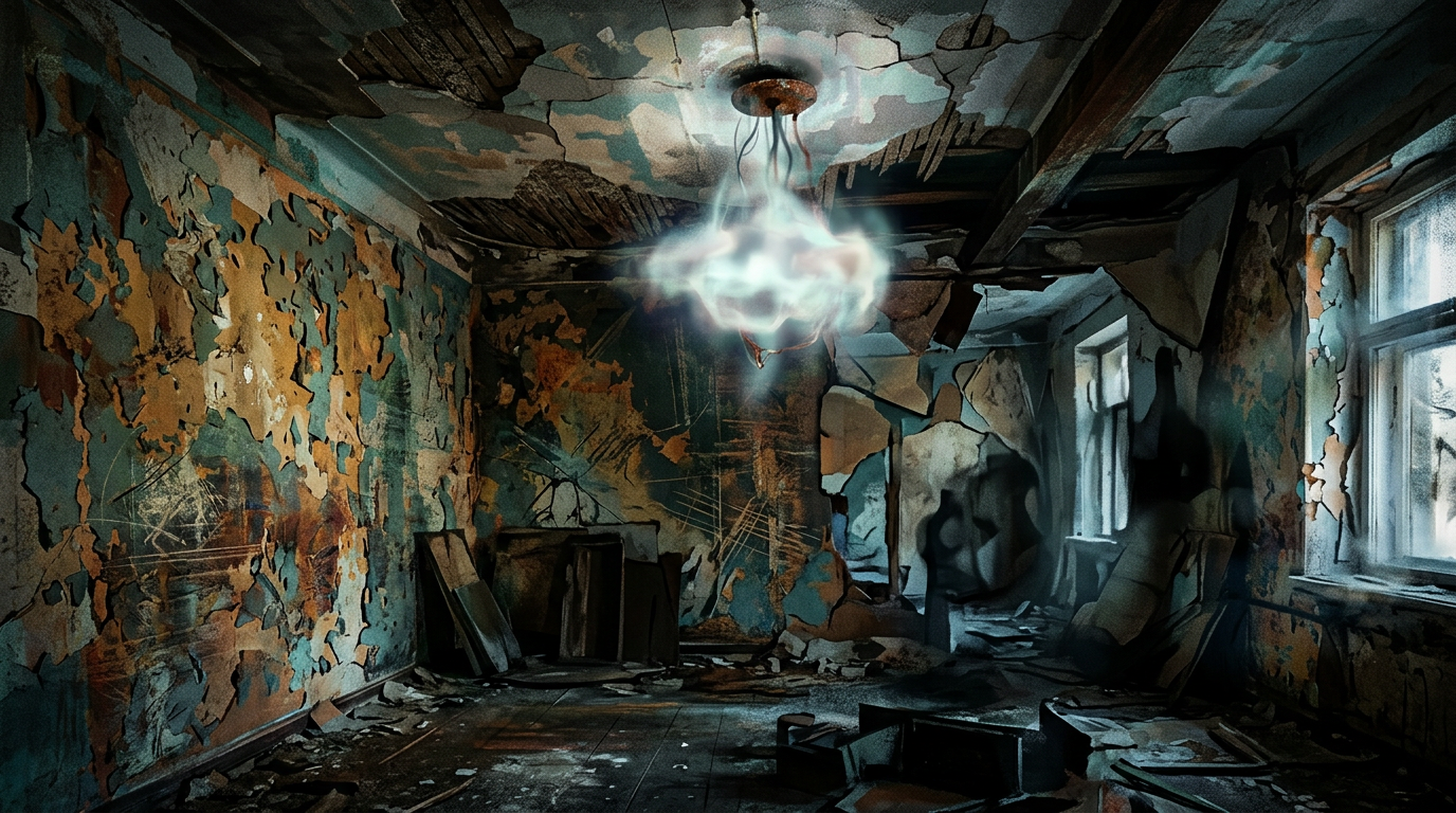 Dilapidated room with peeling paint, broken windows, and glowing light fixture.